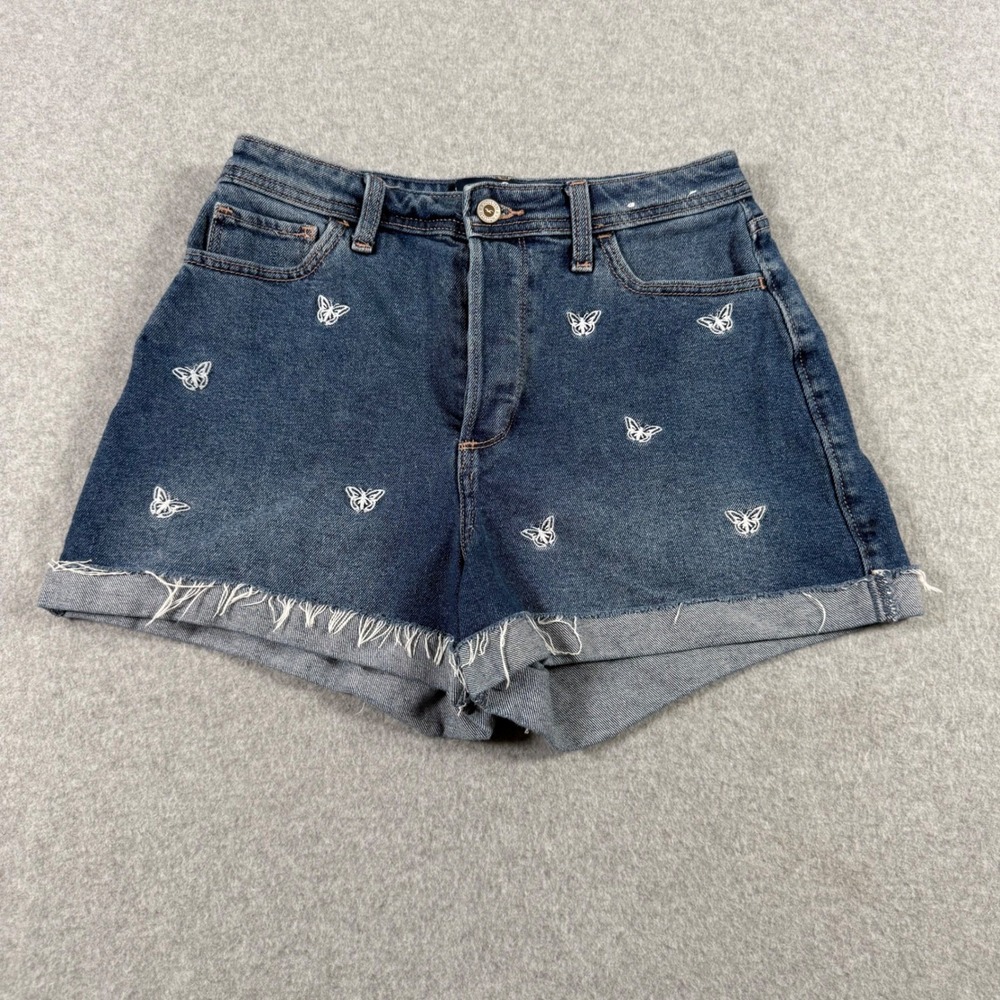 Hollister Curvy Ultra High Rise Mom Shorts Dark Wash Butterfly Embroidered 7 W28